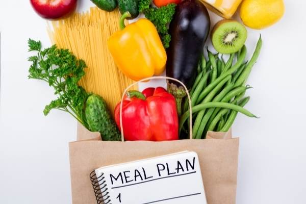 Picture of a bag of groceries and a note with the words meal plan