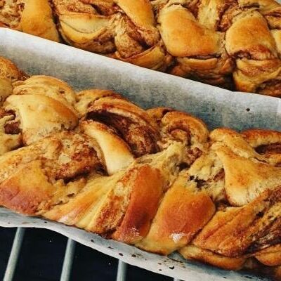 closeup of braded cinnamon swirl bread